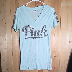 PINK Victoria's Secret Mint Sequin Logo Tee